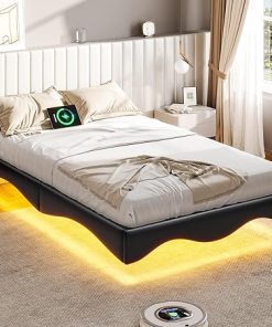 Floating Twin Bed Frame with LED Lights and Charging Station Black