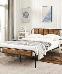 VECELO Queen Bed Frame Metal Platform Wooden Headboard No Box Spring
