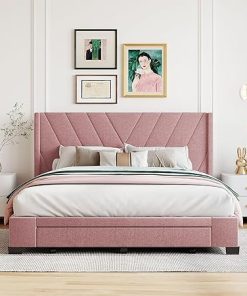 Morden Linen Queen Bed Frame with Upholstered Headboard and Drawers