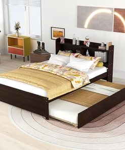 Full Size Bed Frame with Trundle and Storage for Kids and Teens