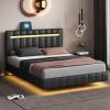 Queen Bed Frame with Storage Drawers and LED Lighting  
Queen Metal Platform Bed Frame for Stylish Bedroom Design  
USB and AC Charging Station for Convenient Bedside Use  
Ergonomic Headboard with Upholstered Backrest for Comfort  
Sturdy Queen Size Bed Frame for Lasting Durability 3