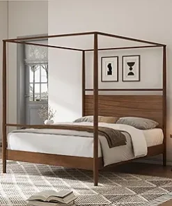 King Size Solid Wood Canopy Bed Frame with Headboard for Home