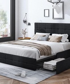 Queen Size Modern Bed Frame with 4 Storage Drawers and Tufted Headboard