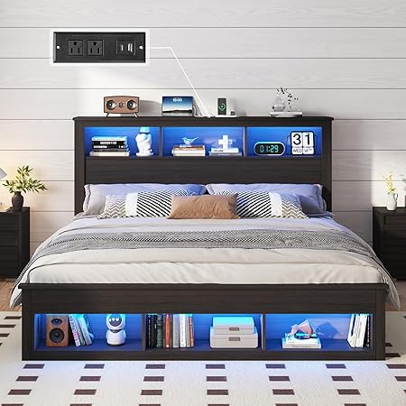 Queen Size Bed Frame with Bookcase Headboard and LED Charging Station Queen Size Bed Frame with Bookcase Headboard and LED Charging Station