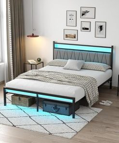 Optimized Queen Size Metal Bed Frame with Charging Station and Storage