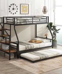 Twin Over Full Metal Bunk Bed with Trundle and Staircase Storage