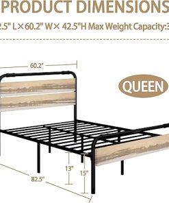 Queen Bed Frame with Wood Headboard – Heavy Duty Platform Bed Grey Oak 2