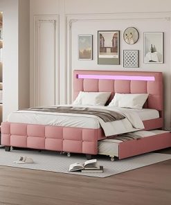 Queen Size Upholstered Bed Frame with LED Headboard and Trundle
