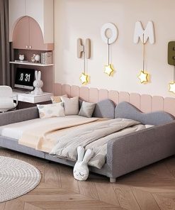 Full Size Upholstered Daybed, Modern Comfortable Sherpa Fabric Wooden Sofa Bed Daybed Frame with Cloud-Shaped Backrest, Wood Slats Support, No Box Spring Needed, Easy Assembly (Grey, Full)