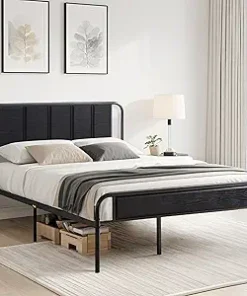 VECELO Full Size Metal Platform Bed Frame with Wooden Headboard