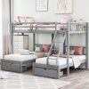 Wood Triple Bunk Bed Full Over Twin with Drawers for Kids and Teens