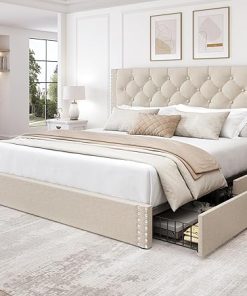 Queen Size Linen Upholstered Bed Frame with Storage and Headboard