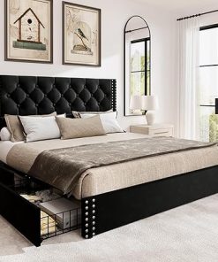 Queen Size Velvet Platform Bed Frame with Storage and Headboard Black