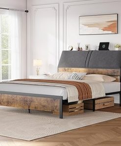 Ergonomic Full Size Bed Frame with Charging Station and Storage