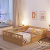 Wood Floor Bed Frame with Fence for Full Size Bedroom and Playroom