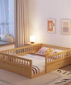 Wood Floor Bed Frame with Fence for Full Size Bedroom and Playroom