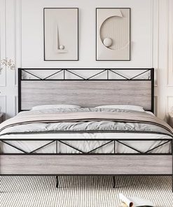 GAOMON Queen Metal Bed Frame with Light Gray Headboard, Easy Assembly