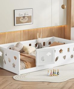 Wood Twin Floor Bed Frame with Door and Fence for Kids and Teens 2
