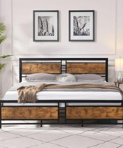 Metal King Size Bed Frame with Wood Headboard and Slat Support