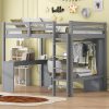 Merax Full Size Loft Bed with L-Shaped Desk and Storage Shelves Grey