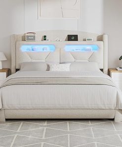 Queen Size Upholstered Bed Frame with Storage and LED Lights