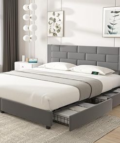 VECELO King Upholstered Bed Frame with USB Ports and Storage Drawers