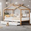 Wood House Bed Frame with Drawers and Bookshelf for Twin Teens