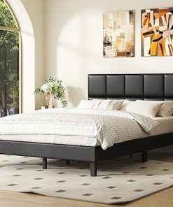 SUNLEI Full Bed Frame with Leather Tufted Headboard – No Box Spring