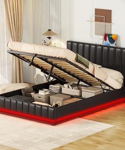 Black Full Lift Up Storage Bed with LED Lights and USB Ports