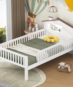 Wood Platform Bed with House-Shaped Headboard and Storage in White