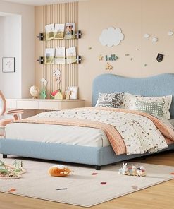 Kids Twin Bed Frame with Velvet Headboard Easy Assembly Blue 2