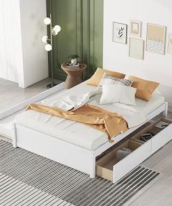 Full Size Wood Platform Bed Frame with Trundle and Storage Drawers