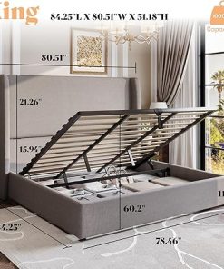 Linen Upholstered King Size Lift Up Storage Bed Frame in Light Grey 2
