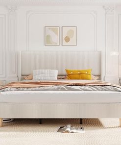Beige King Size Bed Frame with Wingback Headboard and Wooden Slats