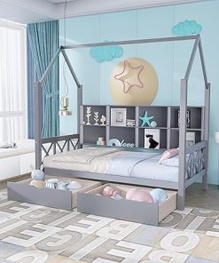 Kids House Bed Frame with Drawers and Headboard in Gray