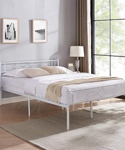 VeVELO 14 Inch White Metal Platform Bed Frame with Headboard Easy Assembly