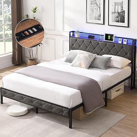 Full Size Bed Frame with Storage Headboard and LED Charging Station Full Size Bed Frame with Storage Headboard and LED Charging Station