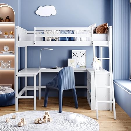 Loft Bed with Shelves and Desk for Kids, Wooden Frame, White Finish 2 Loft Bed with Shelves and Desk for Kids, Wooden Frame, White Finish - Image 2