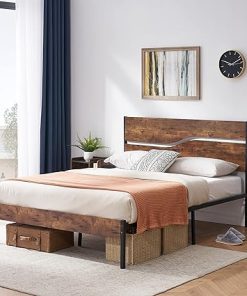 VECELO Queen Platform Bed Frame with Rustic Wood Headboard and Metal Slats