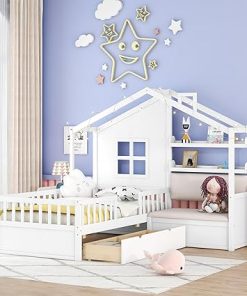 Twin Size Kids Wooden House Bed with Sofa and Storage Drawers
