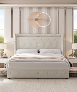 Queen Bed Frame with Headboard and 4 Storage Drawers, Noise-Free
