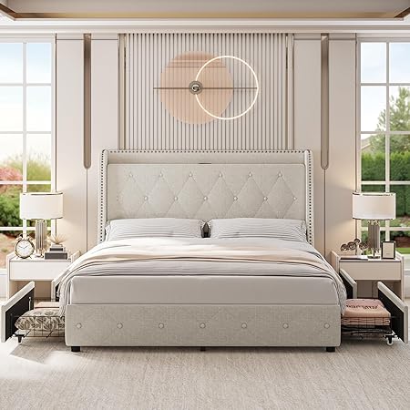 Queen Bed Frame with Headboard and 4 Storage Drawers, Noise-Free Queen Bed Frame with Headboard and 4 Storage Drawers, Noise-Free
