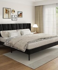 Black King Bed Frame with Wingback Headboard Velvet Platform Bed Black King Bed Frame with Wingback Headboard Velvet Platform Bed