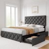 Queen Size Bed Frame with 4 Storage Drawers and Headboard in Grey