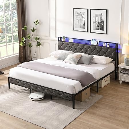 King Upholstered Bed Frame with RGB LED Lights and Storage Shelf King Upholstered Bed Frame with RGB LED Lights and Storage Shelf
