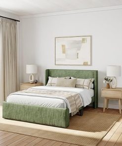Upholstered Full Bed Frame with Rectangular Headboard Easy Assembly