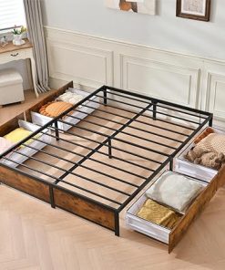Queen Size Metal Bed Frame with Storage Drawers Easy to Assemble