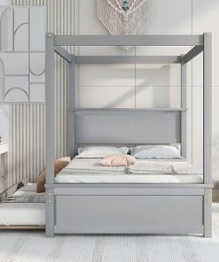 Softsea Full Size Canopy Bed Frame with Trundle and Headboard Gray