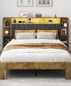Queen Bed Frame with Linen Headboard and Storage Shelves