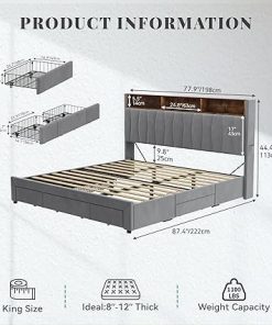 YITAHOME King Bed Frame with Storage and LED Headboard in Grey 2